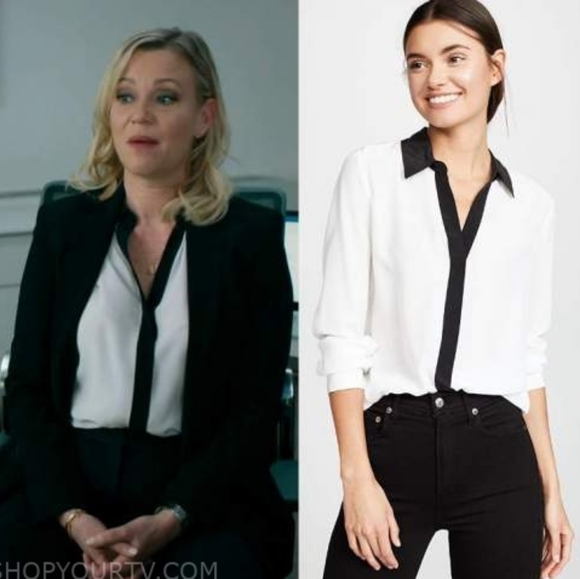 Express Shear Off White & Black Detail Blouse - Picture 7 of 7